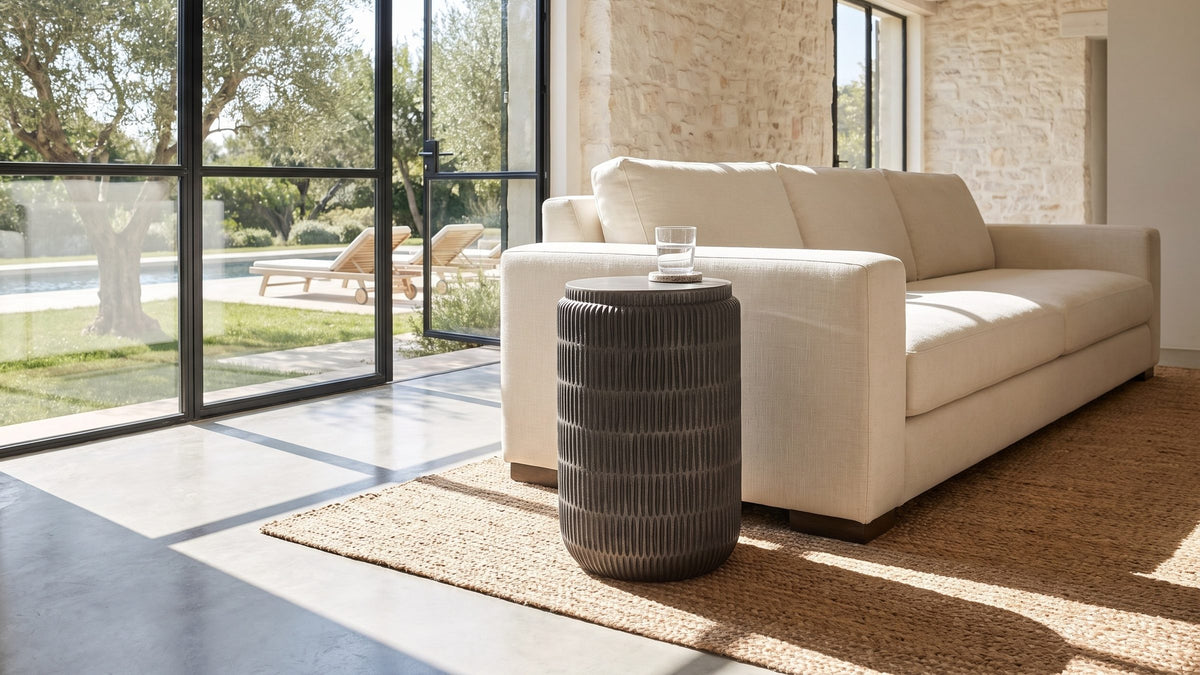 Metal, with a carved surface. - Cutigliano Cast Aluminum Carved Cylinder Side Table