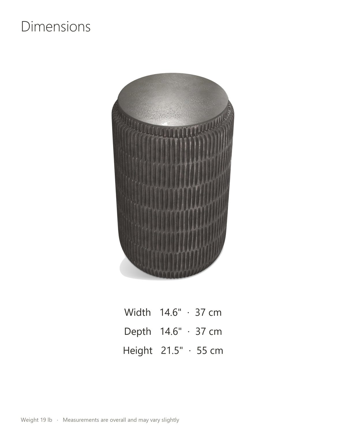 Cutigliano Cast Aluminum Carved Cylinder Side Table dimensions: 14.6 in wide, 14.6 in deep, 21.5 in high