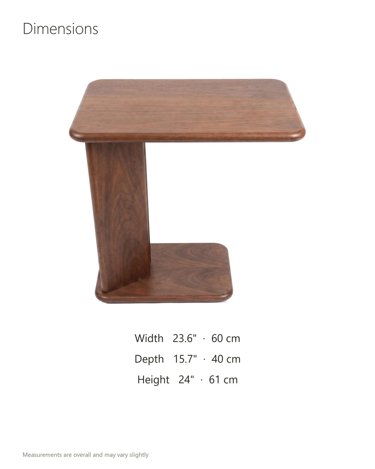 Cutrofiano Walnut Veneer C-Shaped Side Table dimensions: 23.6 in wide, 15.7 in deep, 24 in high