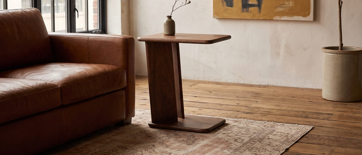Cutrofiano Walnut Veneer C-Shaped Side Table in the room