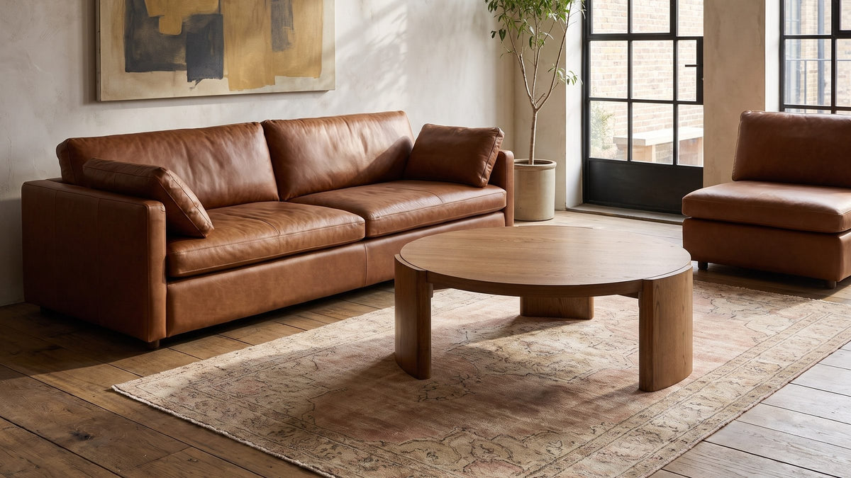 Golden oak, three curved legs. - Dogliani 42-Inch Round Walnut-Stained Oak Veneer Coffee Table