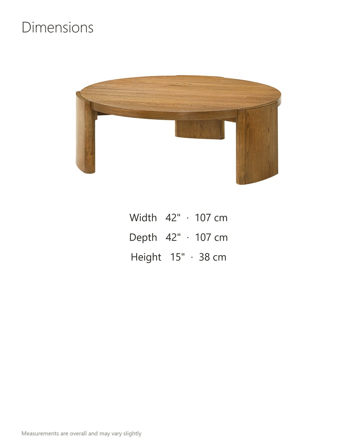Dogliani 42-Inch Round Walnut-Stained Oak Veneer Coffee Table dimensions: 42 in wide, 42 in deep, 15 in high