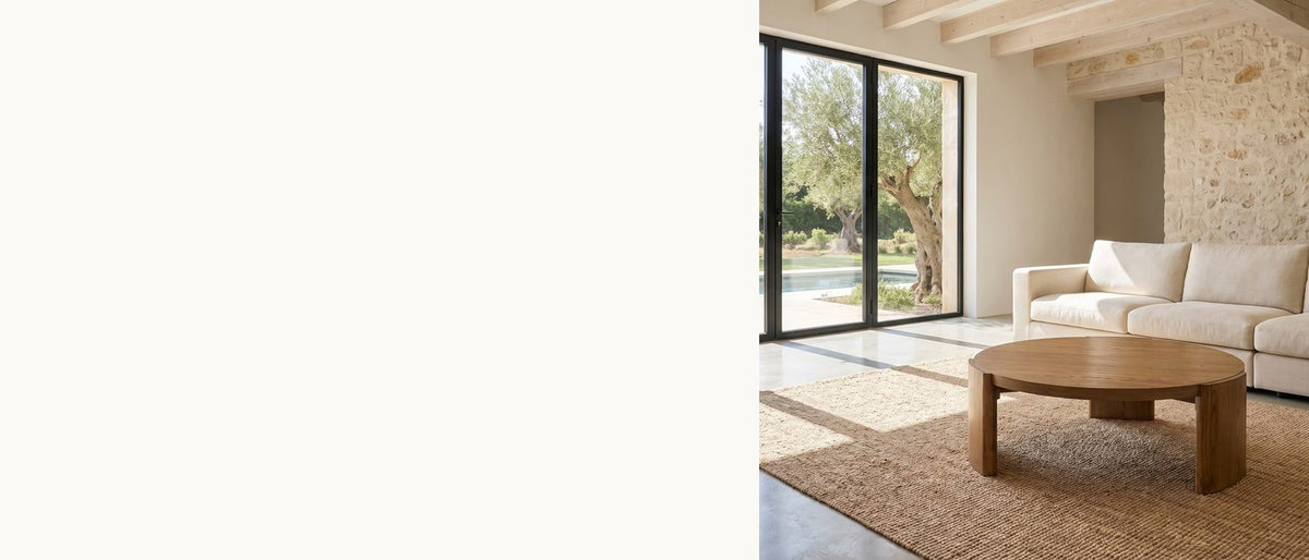 Warm oak, set low and round. - Dogliani 42-Inch Round Walnut-Stained Oak Veneer Coffee Table