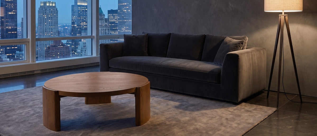 Dogliani 42-Inch Round Walnut-Stained Oak Veneer Coffee Table in the room
