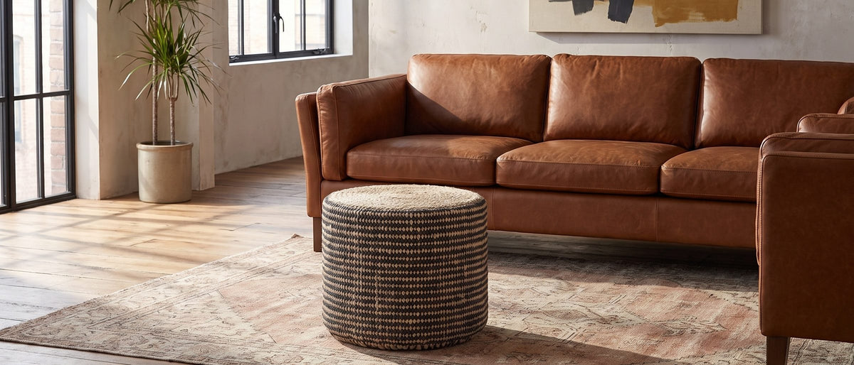Jute and leather, side by side. - Dolceacqua Natural Braided Jute Round Pouf