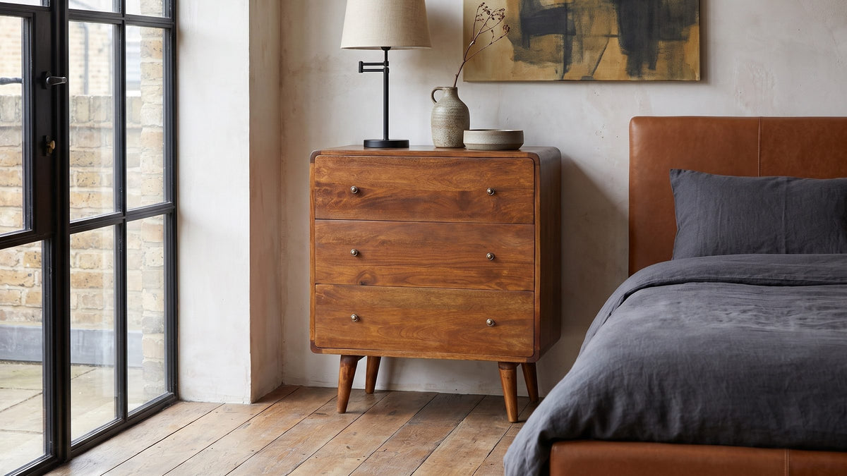 Warm grain, curved lines. - Dolo 28-Inch Chestnut Solid Mango 3-Drawer Chest