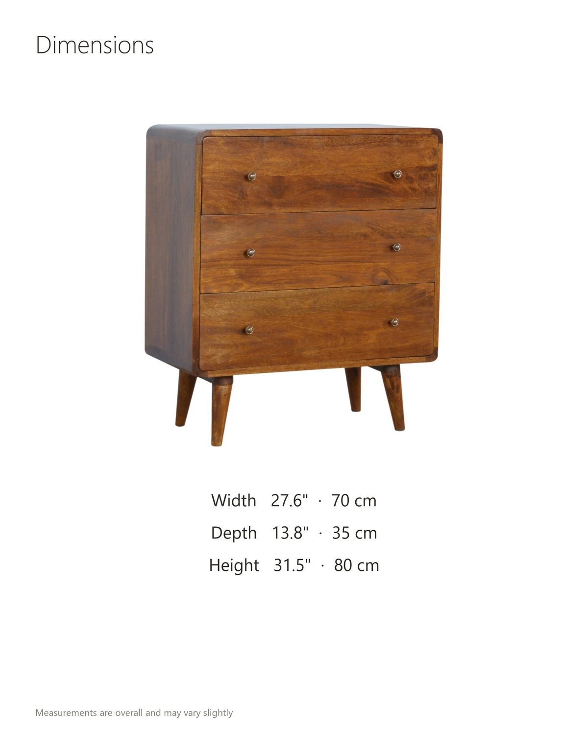Dolo 28-Inch Chestnut Solid Mango 3-Drawer Chest dimensions: 27.6 in wide, 13.8 in deep, 31.5 in high