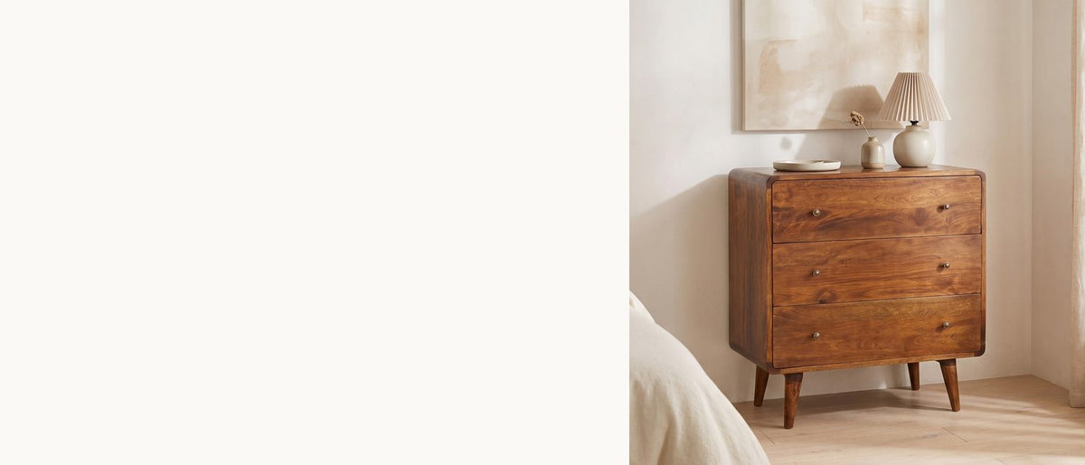 Chestnut mango, softly curved. - Dolo 28-Inch Chestnut Solid Mango 3-Drawer Chest