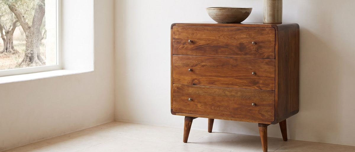 Dolo 28-Inch Chestnut Solid Mango 3-Drawer Chest in the room