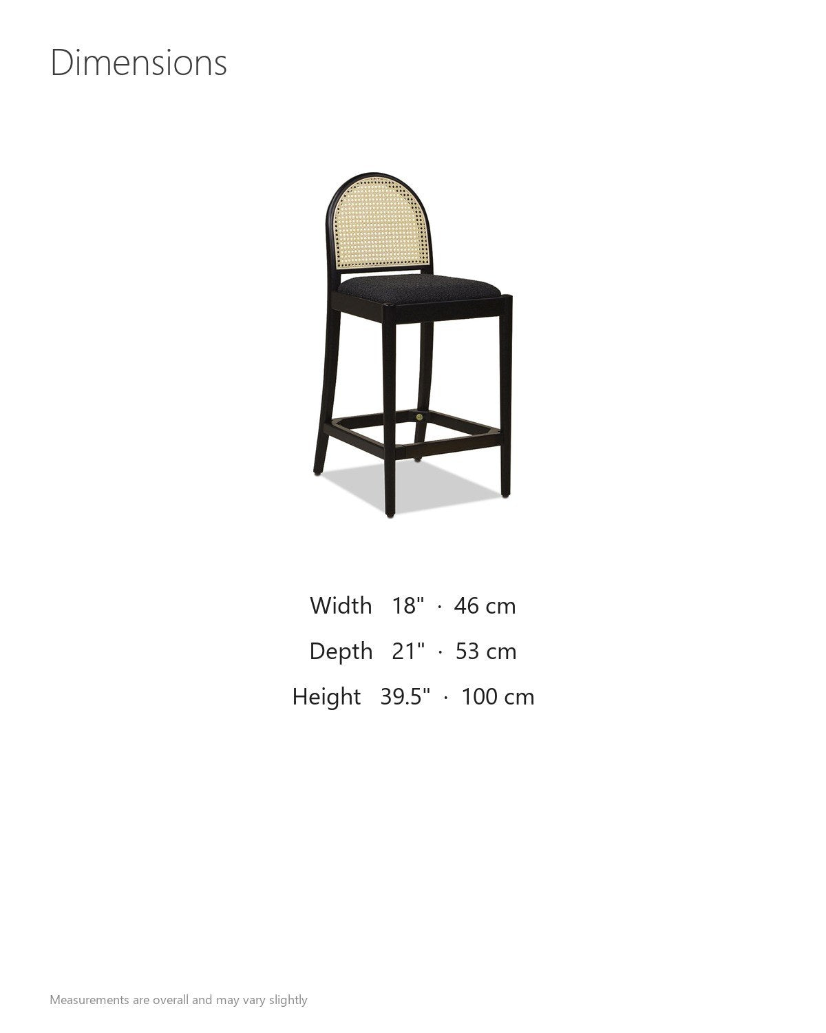 Drapia 26.5-Inch Cane-Back Ebony Oak Counter Stool, Black Boucle (Set of 2) dimensions