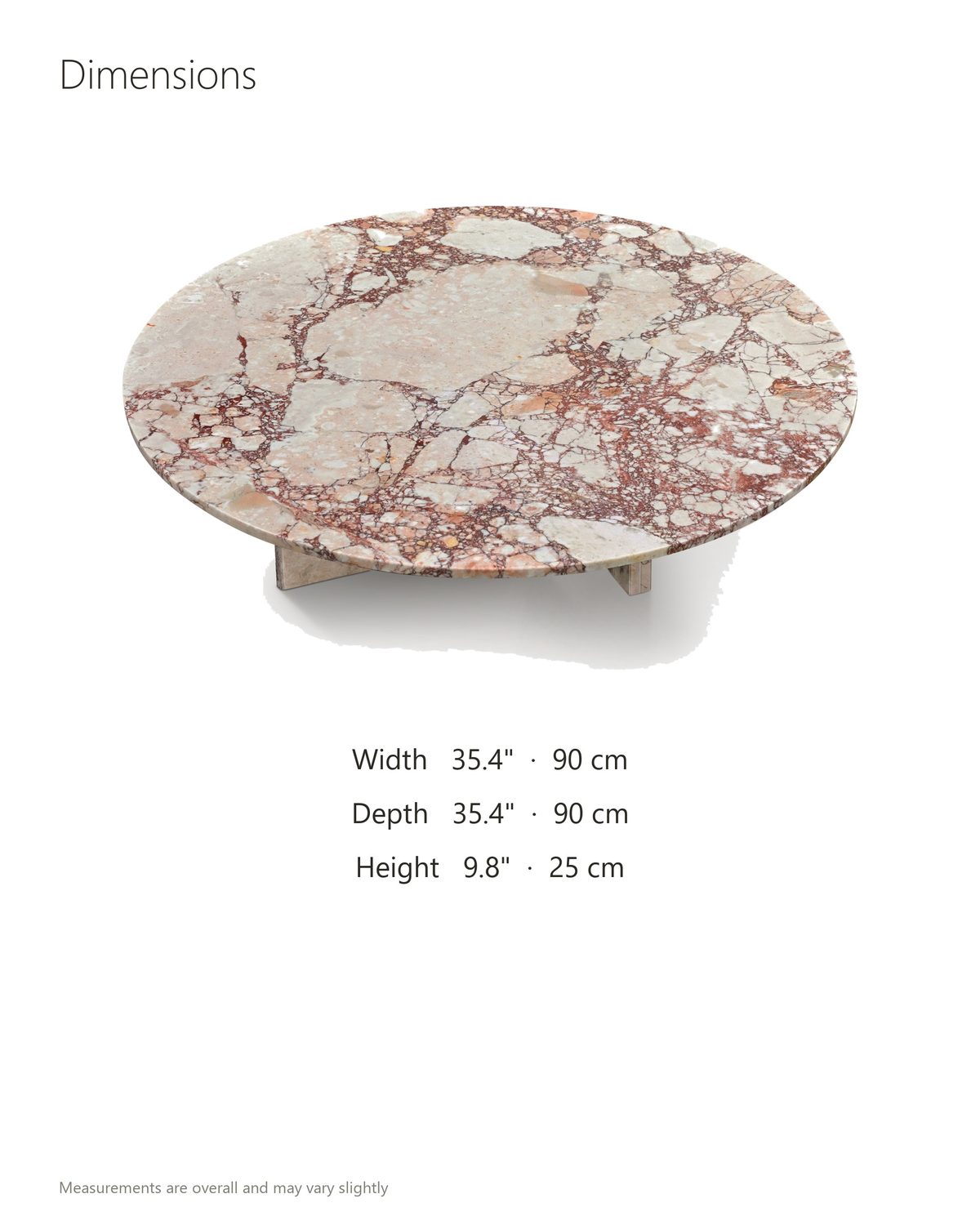 Elba Rosa Marble Coffee Table dimensions: 35.4 in wide, 35.4 in deep, 9.8 in high