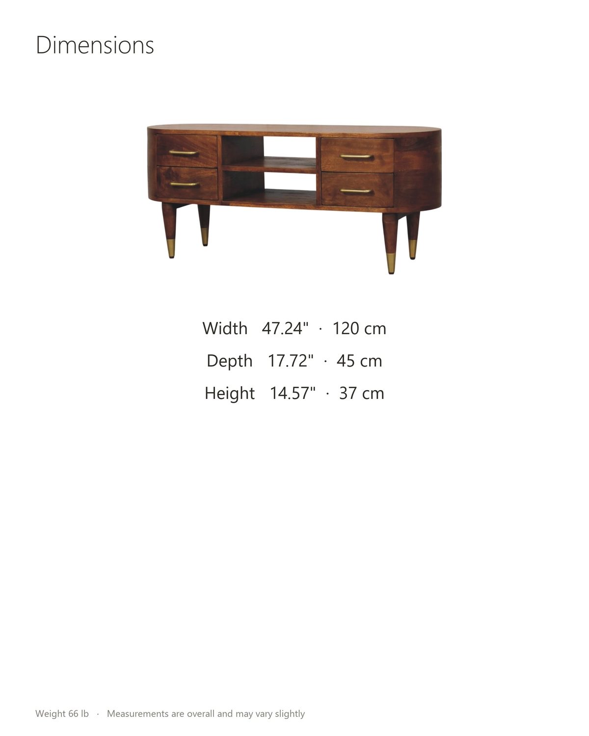 Erice Curved Mango Media Console dimensions: 47.24 in wide, 17.72 in deep, 14.57 in high