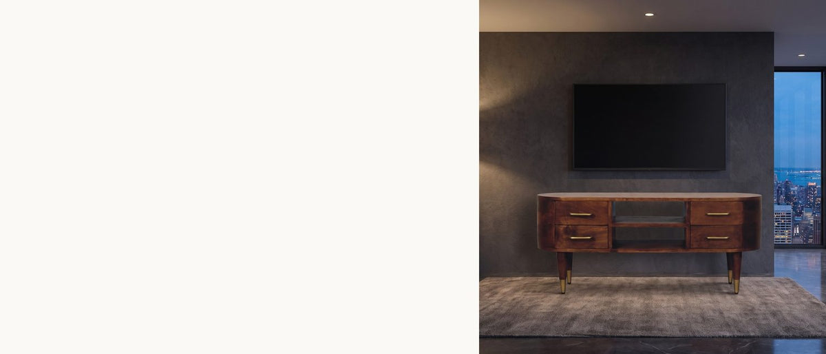 Rounded ends, brass feet, solid mango. - Erice Curved Mango Media Console