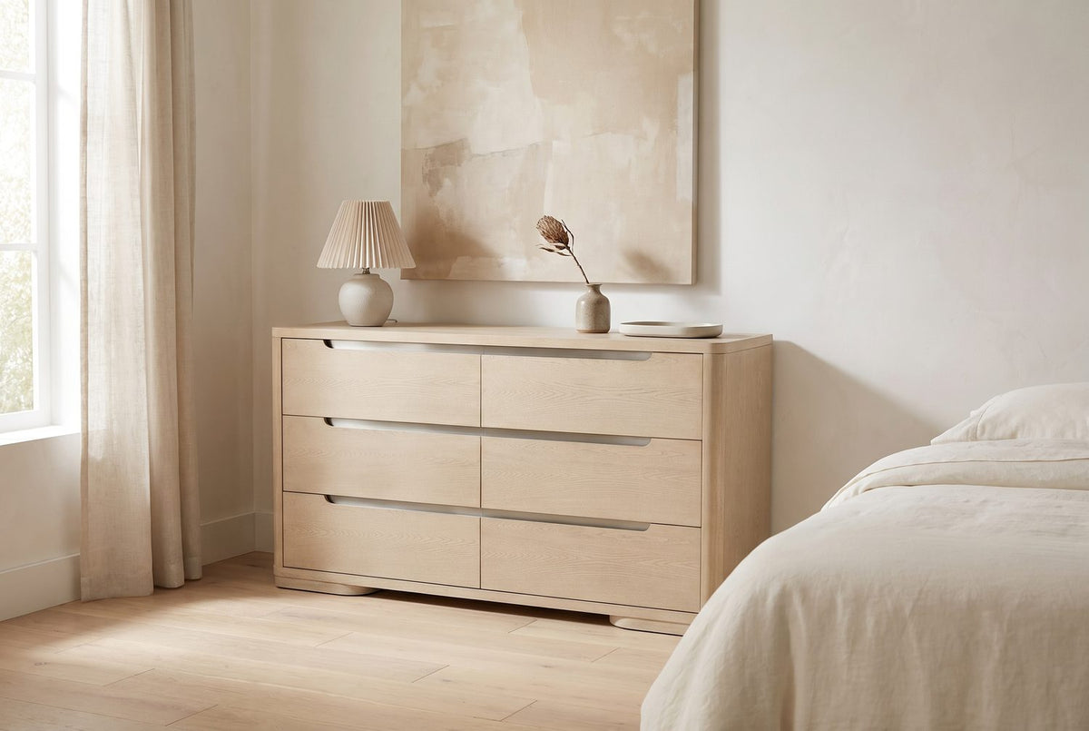 Three nickel lines, one calm wall. - Este 66-Inch Light Elm 6-Drawer Dresser