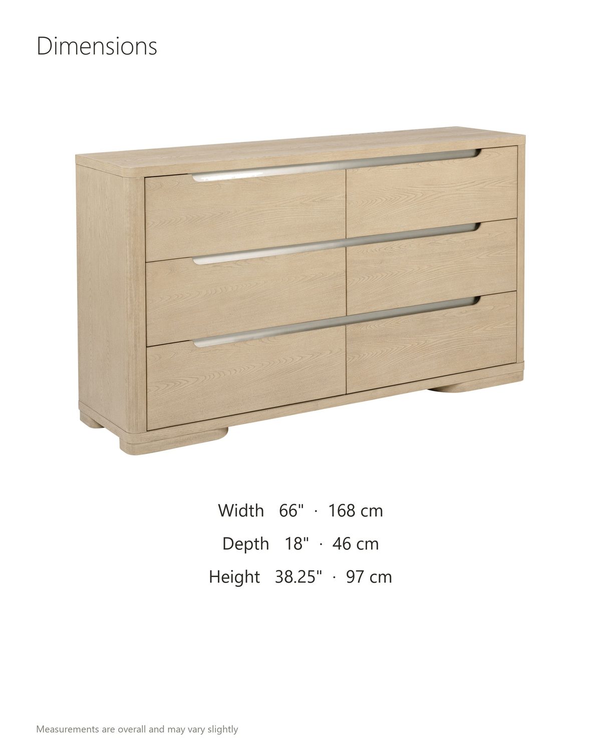 Este 66-Inch Light Elm 6-Drawer Dresser dimensions: 66 in wide, 18 in deep, 38.25 in high