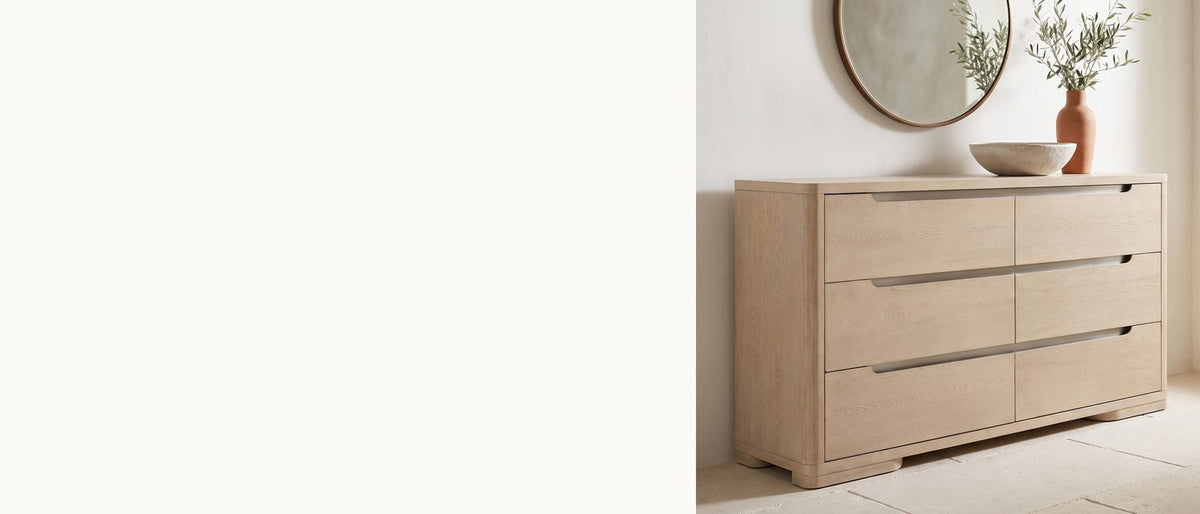 Pale elm, soft corners. - Este 66-Inch Light Elm 6-Drawer Dresser