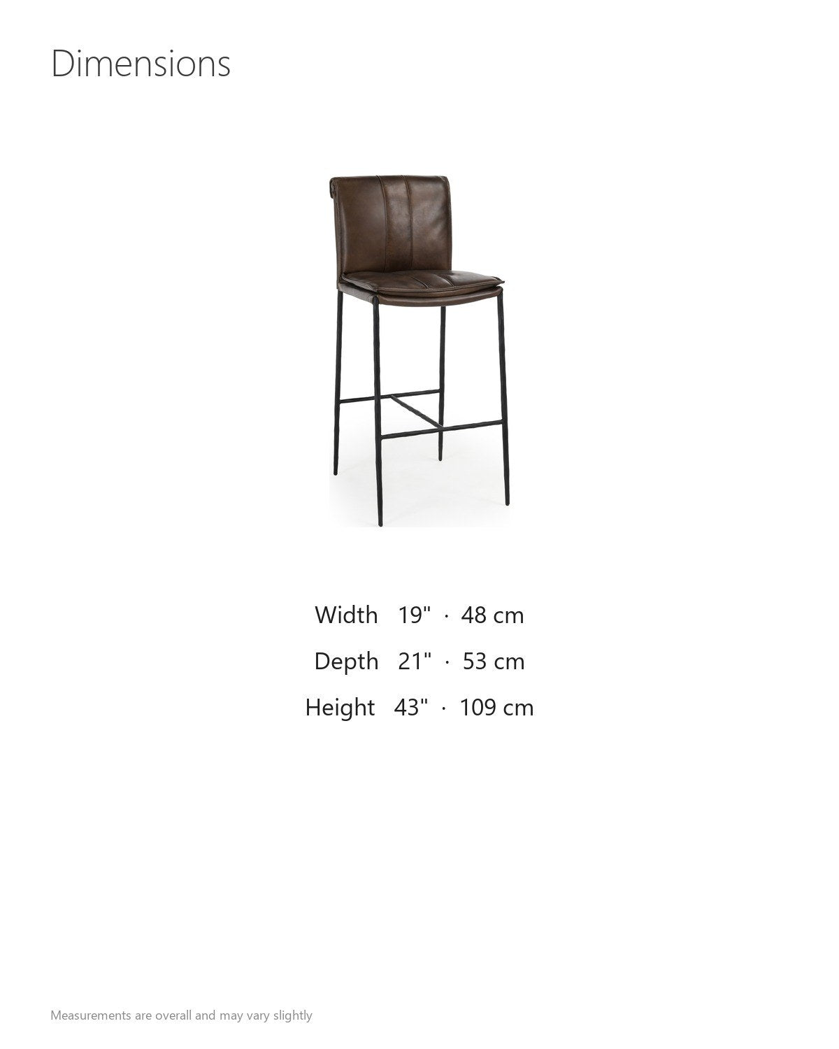 Falerna 30-Inch Top-Grain Leather Bar Stool with Hammered Iron Legs dimensions