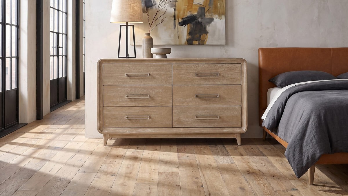 Limed oak, no hard edges. - Feltre 62-Inch Natural Cerused Oak 6-Drawer Dresser
