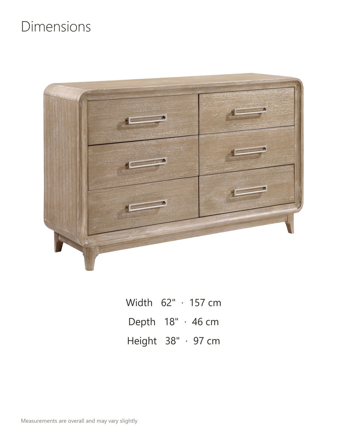 Feltre 62-Inch Natural Cerused Oak 6-Drawer Dresser dimensions: 62 in wide, 18 in deep, 38 in high