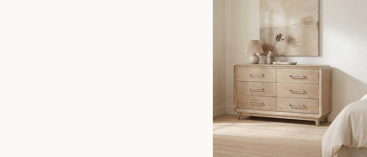 Rounded oak, softly limed. - Feltre 62-Inch Natural Cerused Oak 6-Drawer Dresser
