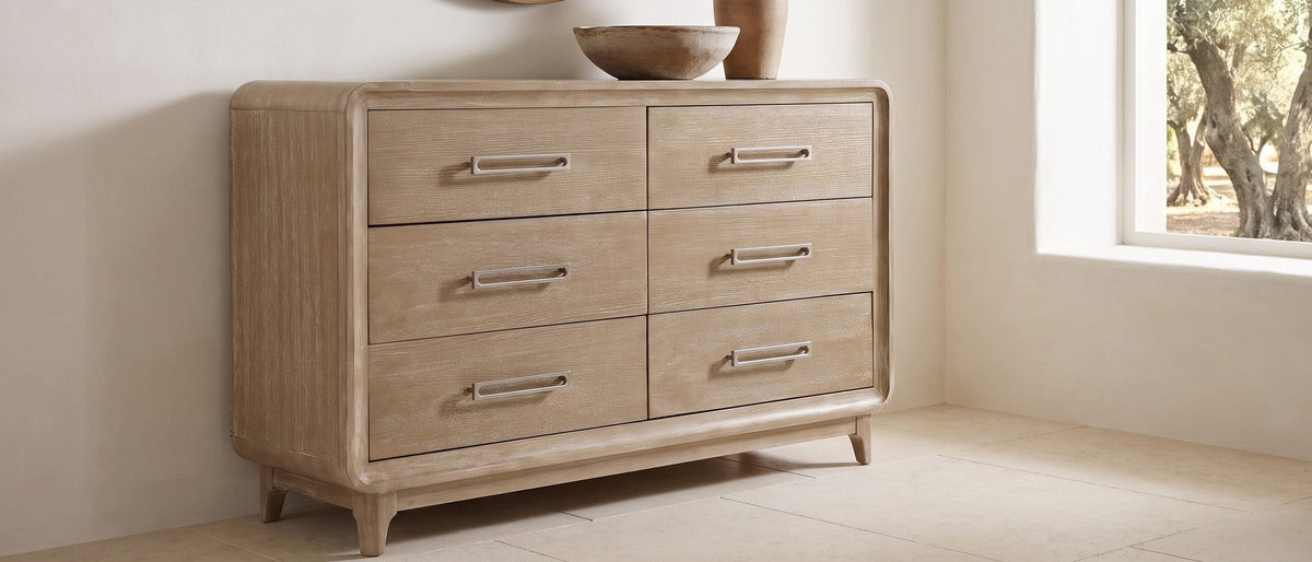 Feltre 62-Inch Natural Cerused Oak 6-Drawer Dresser in the room