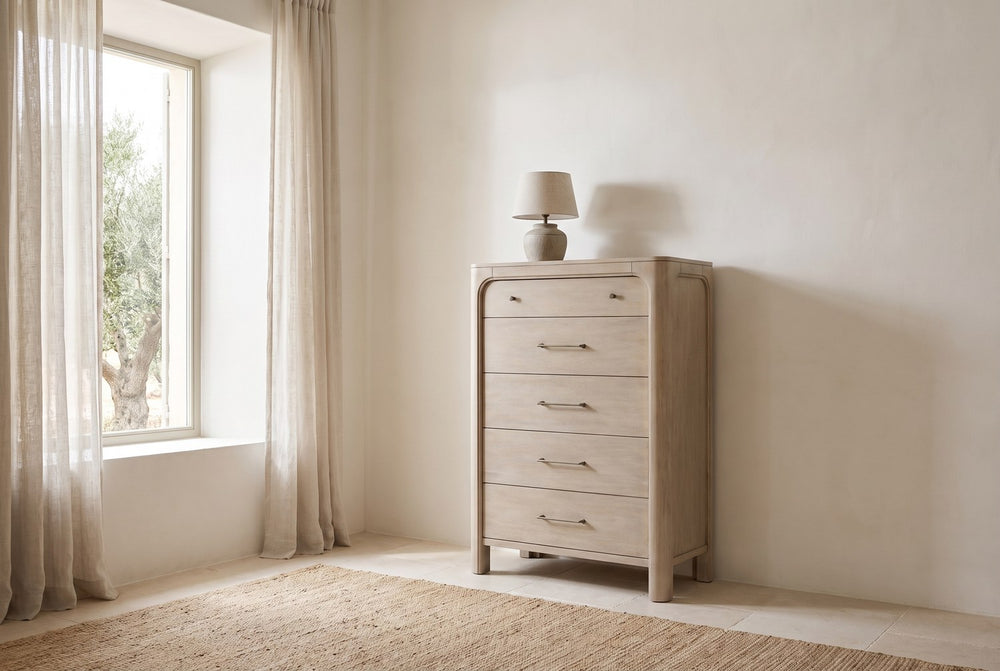 A tall five-drawer chest