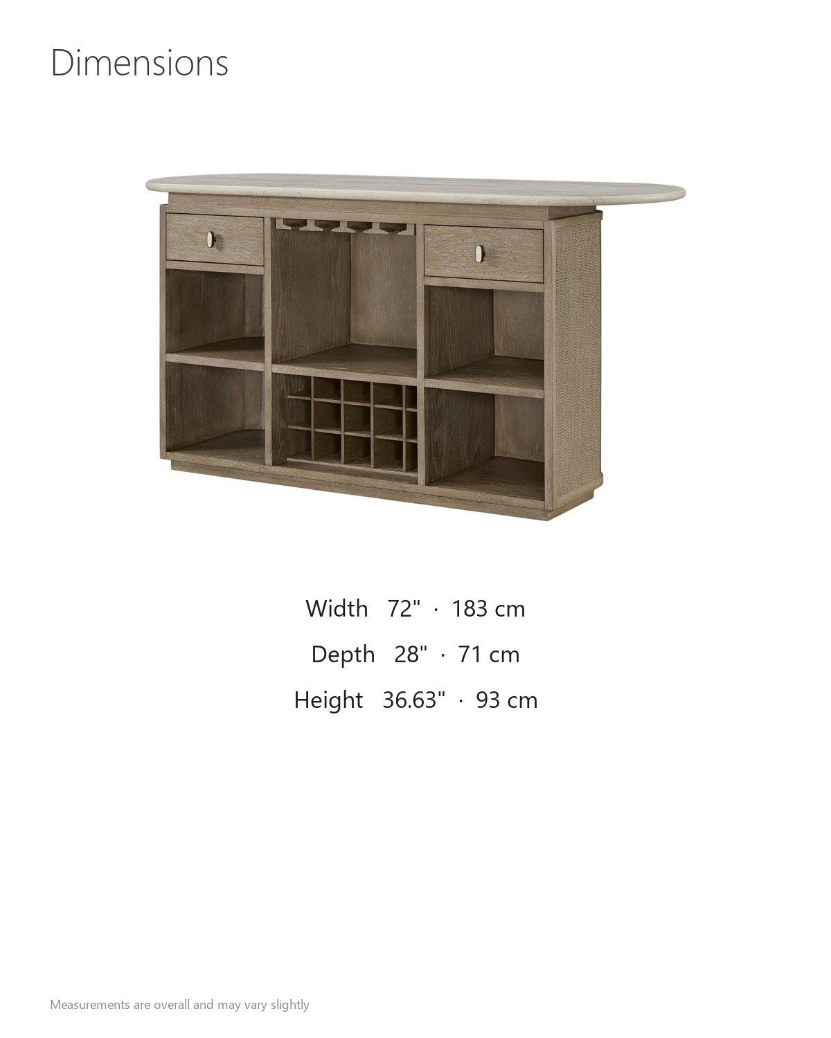 Feroleto 72-Inch 2-Drawer Home Bar with Travertine Top and Rope Front dimensions