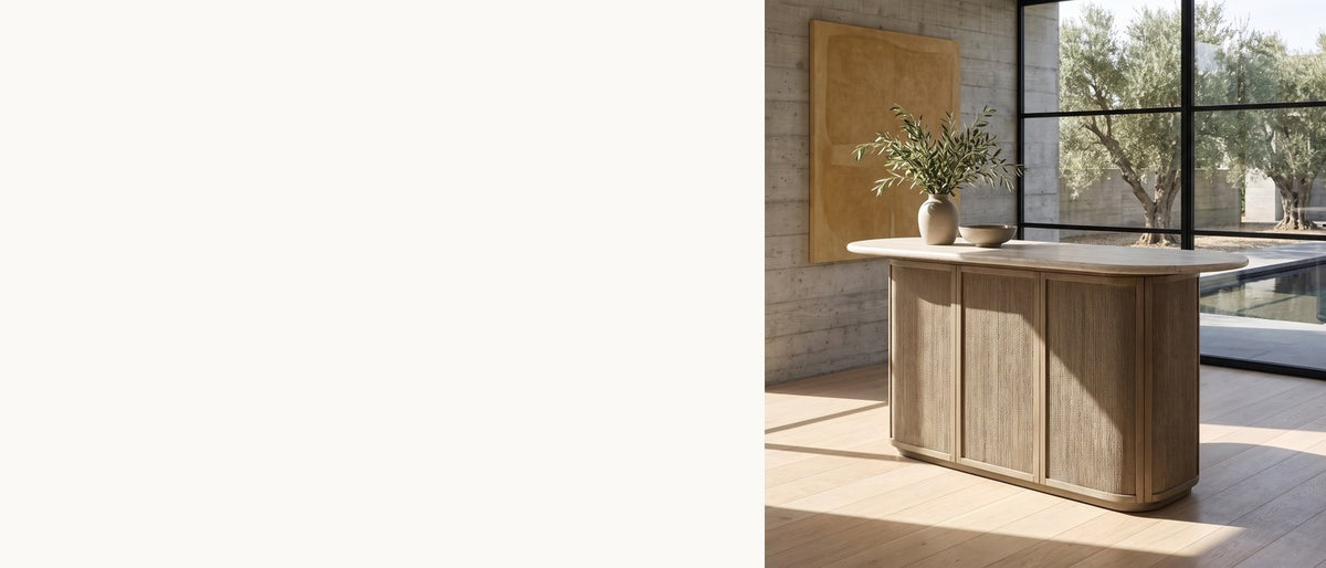 Texture out front, storage behind. - Feroleto 72-Inch 2-Drawer Home Bar with Travertine Top and Rope Front