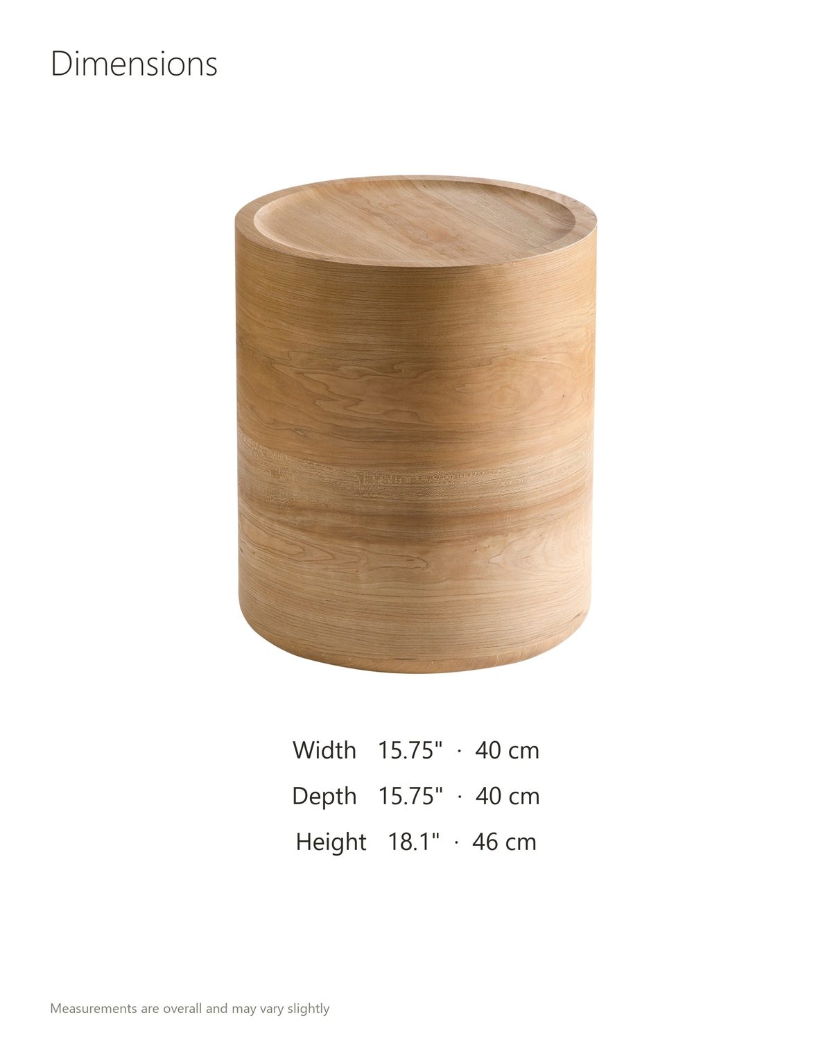 Ferrandina Natural Wood Veneer Drum Side Table dimensions: 15.75 in wide, 15.75 in deep, 18.1 in high