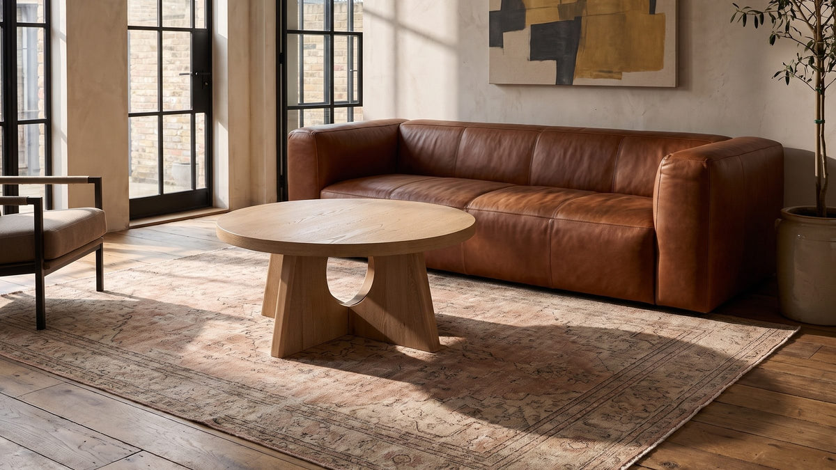 Pale oak at the centre. - Fiesole Cerused Oak Veneer Round Pedestal Coffee Table