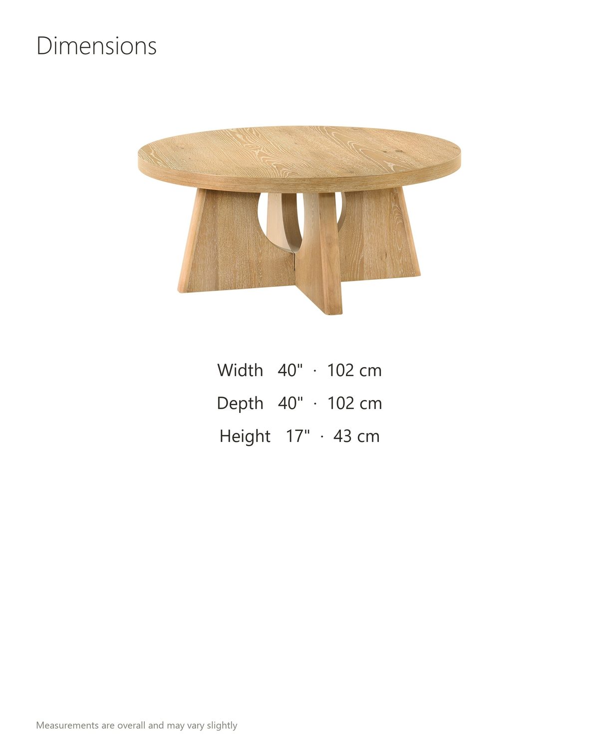 Fiesole Cerused Oak Veneer Round Pedestal Coffee Table dimensions: 40 in wide, 40 in deep, 17 in high