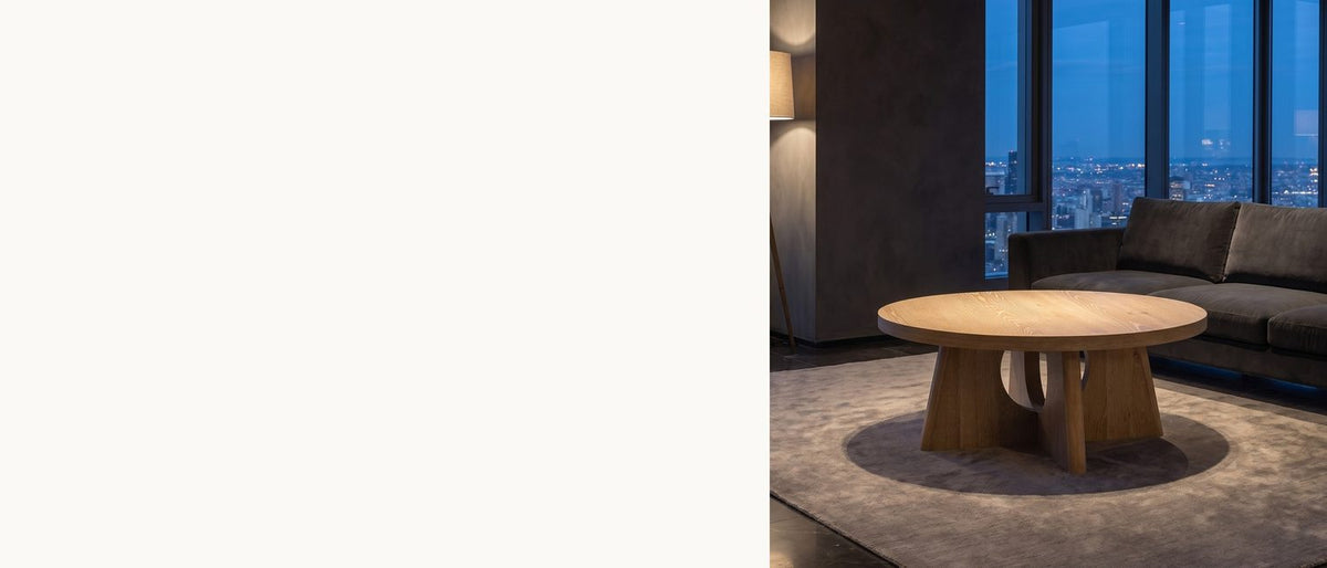 A round top on a cross of oak. - Fiesole Cerused Oak Veneer Round Pedestal Coffee Table