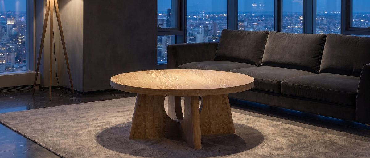 Fiesole Cerused Oak Veneer Round Pedestal Coffee Table in the room