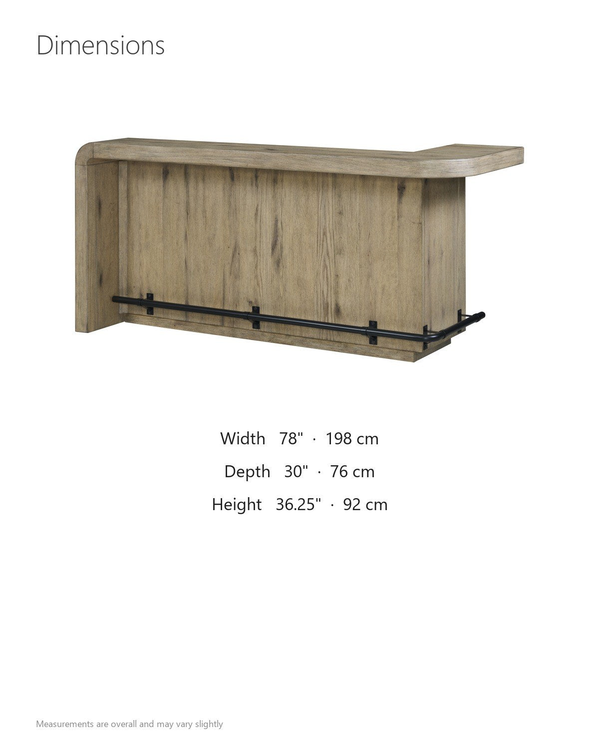Firmo 78-Inch 2-Drawer Knotty Oak Veneer Counter-Height Home Bar with Footrest dimensions