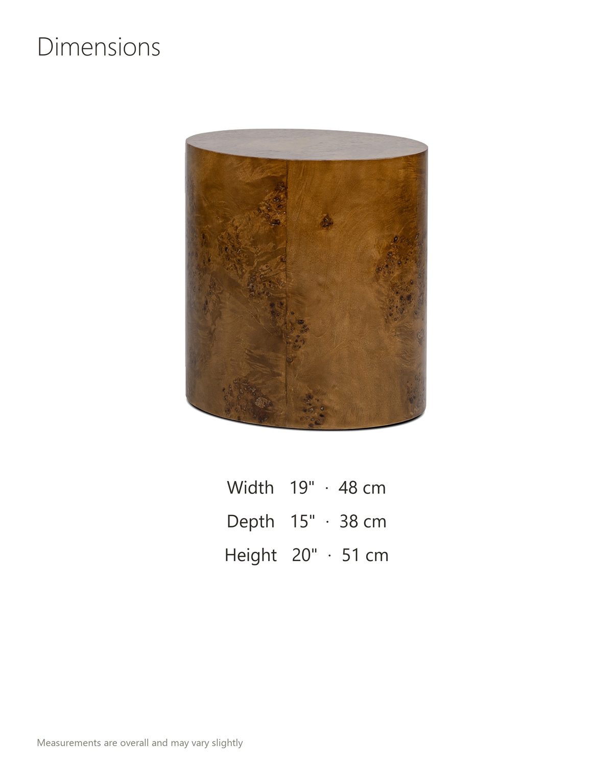 Fiumefreddo Walnut Burl Oval Pillar Side Table dimensions: 19 in wide, 15 in deep, 20 in high