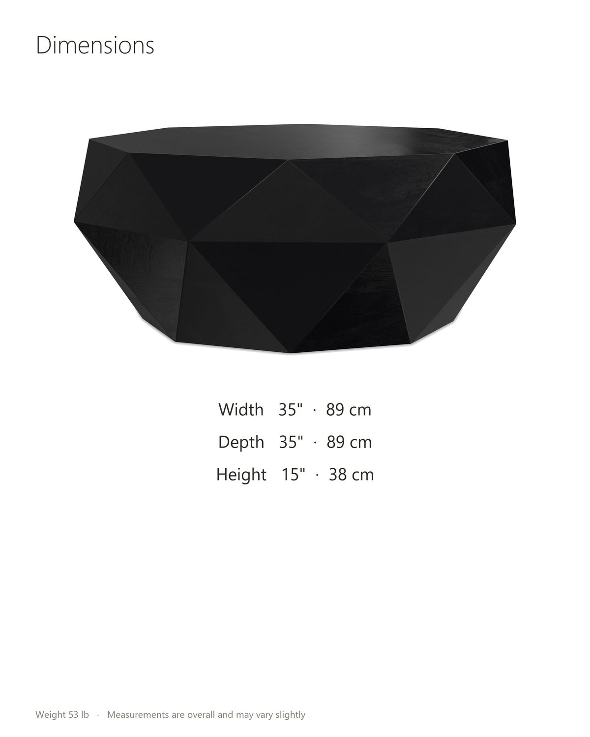 Follonica Faceted Acacia Coffee Table dimensions: 35 in wide, 35 in deep, 15 in high