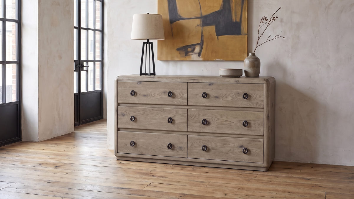Weathered oak, dark cast rings. - Fonzaso 66-Inch Weathered Knotty Oak 6-Drawer Dresser