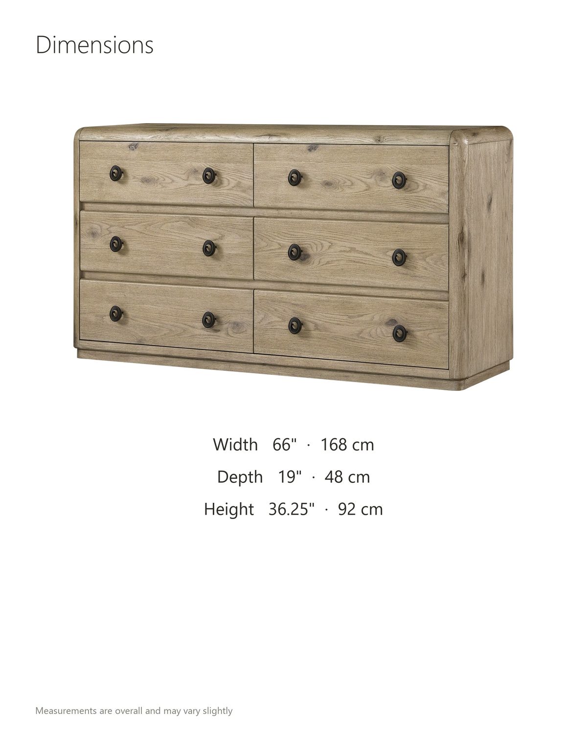Fonzaso 66-Inch Weathered Knotty Oak 6-Drawer Dresser dimensions: 66 in wide, 19 in deep, 36.25 in high