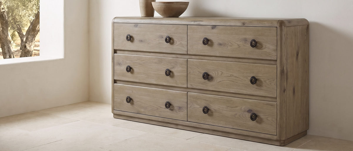 Fonzaso 66-Inch Weathered Knotty Oak 6-Drawer Dresser in the room