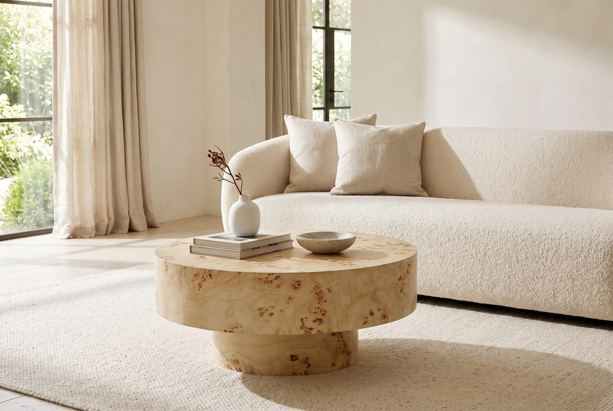 Fossano 31.5-Inch Round Burl Wood Veneer Pedestal Coffee Table in the room