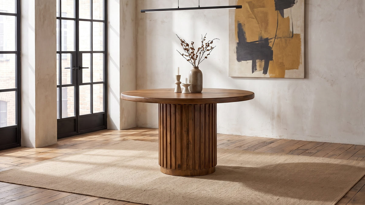 Warm brown, solid wood. - Fuscaldo 47-Inch Round Mango Wood Slatted Pedestal Dining Table