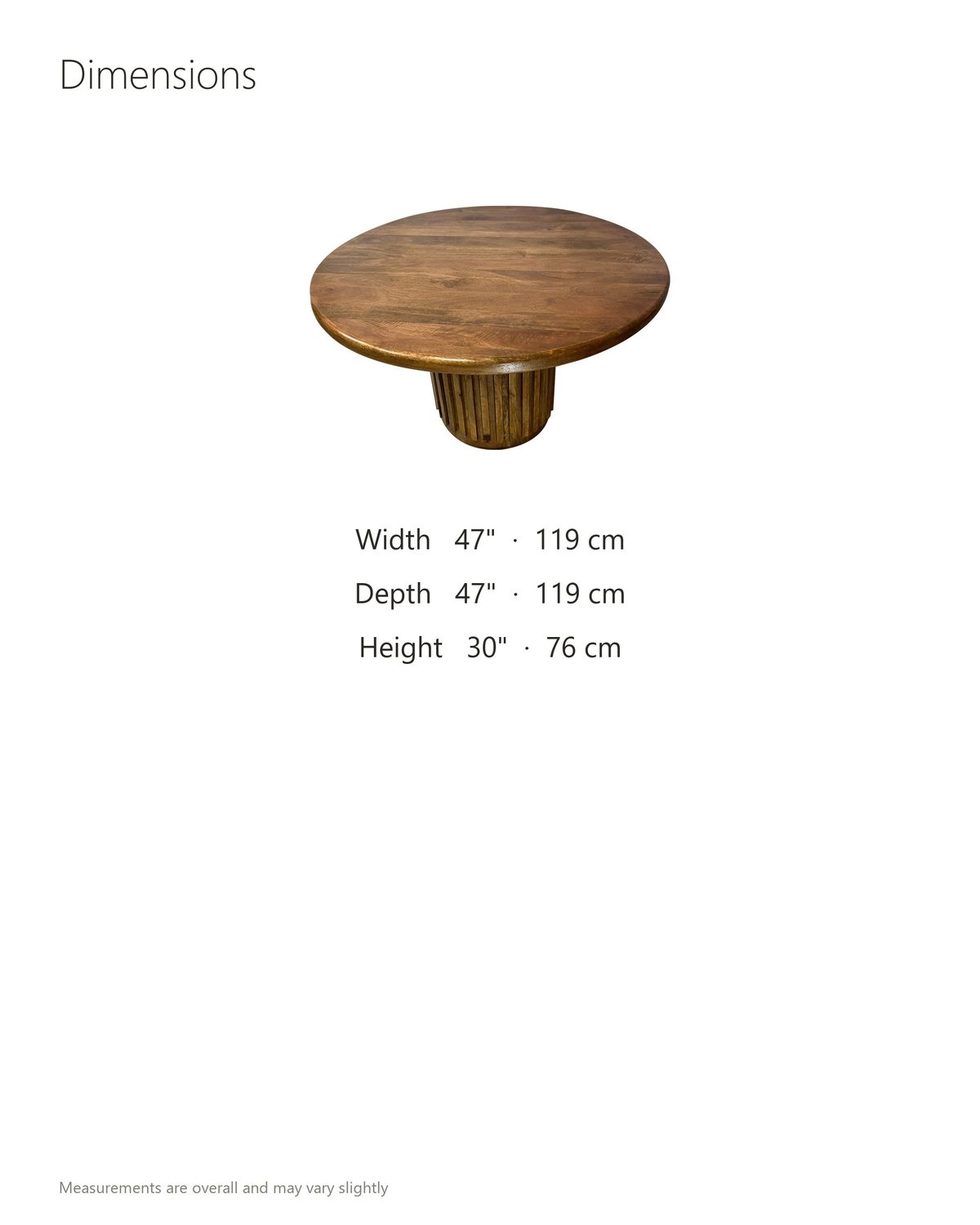 Fuscaldo 47-Inch Round Mango Wood Slatted Pedestal Dining Table dimensions: 47 in across and 30 in high