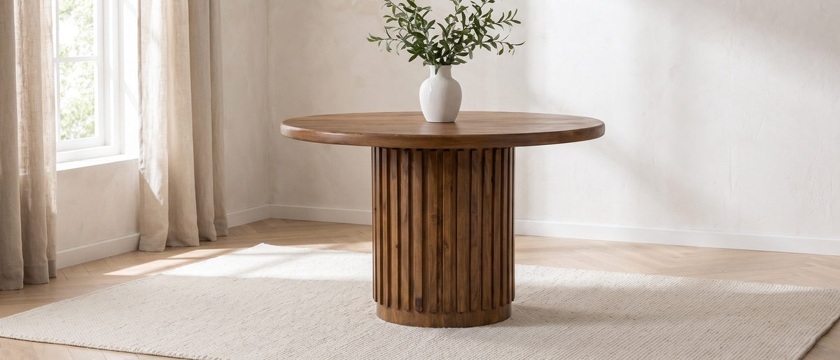 Fuscaldo 47-Inch Round Mango Wood Slatted Pedestal Dining Table in the room