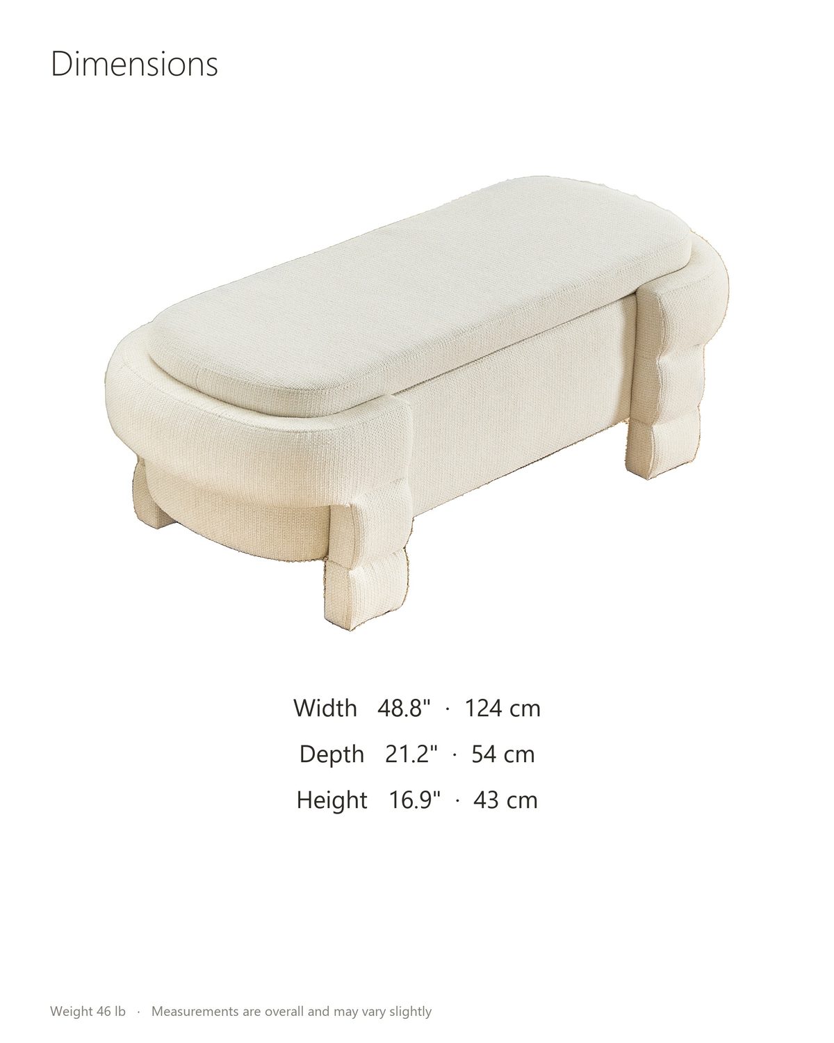 Gaeta Oval Storage Bench dimensions: 48.8 in wide, 21.2 in deep, 16.9 in high