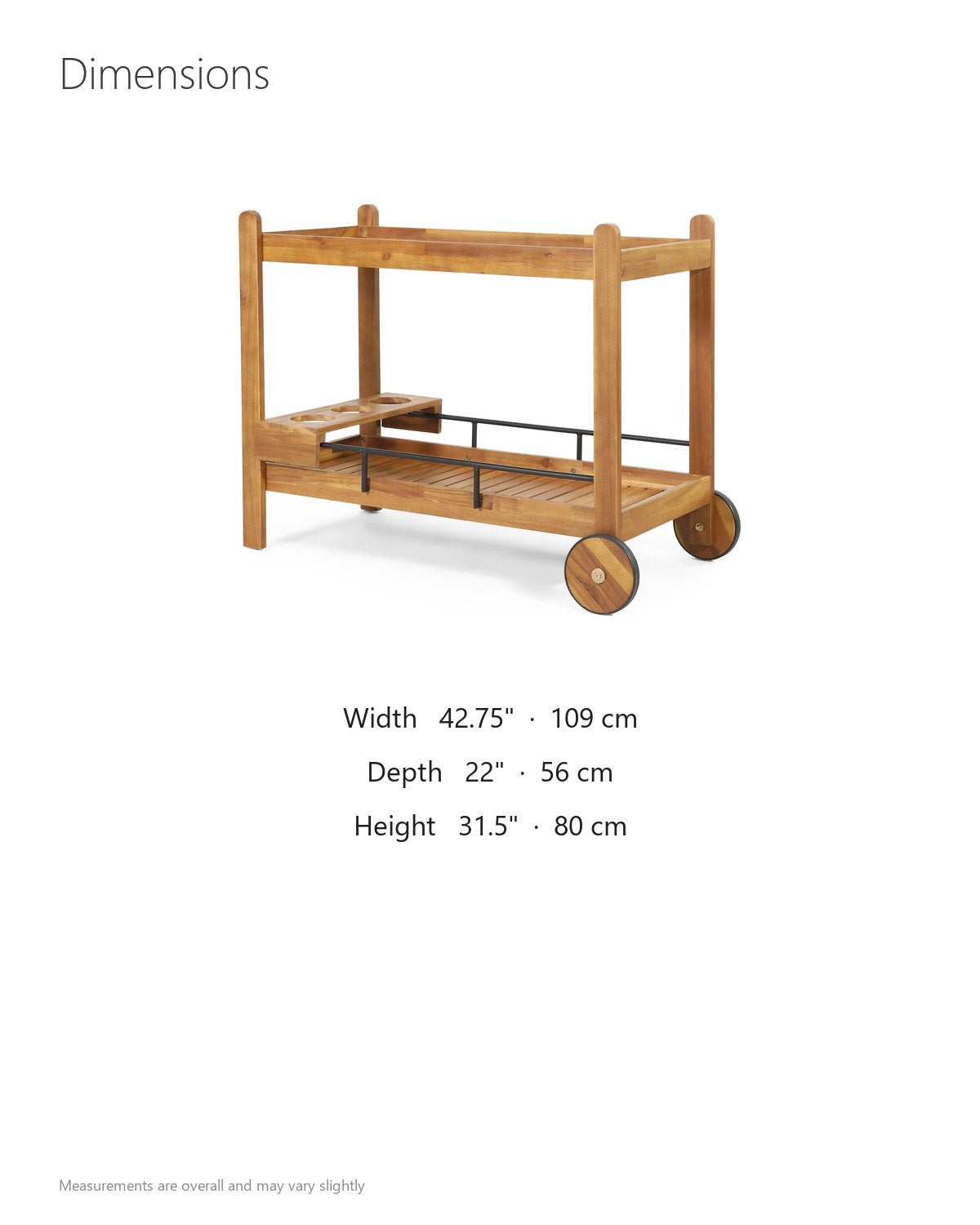 Gagliato 43-Inch Two-Tier Solid Acacia Bar Cart with Wheels dimensions