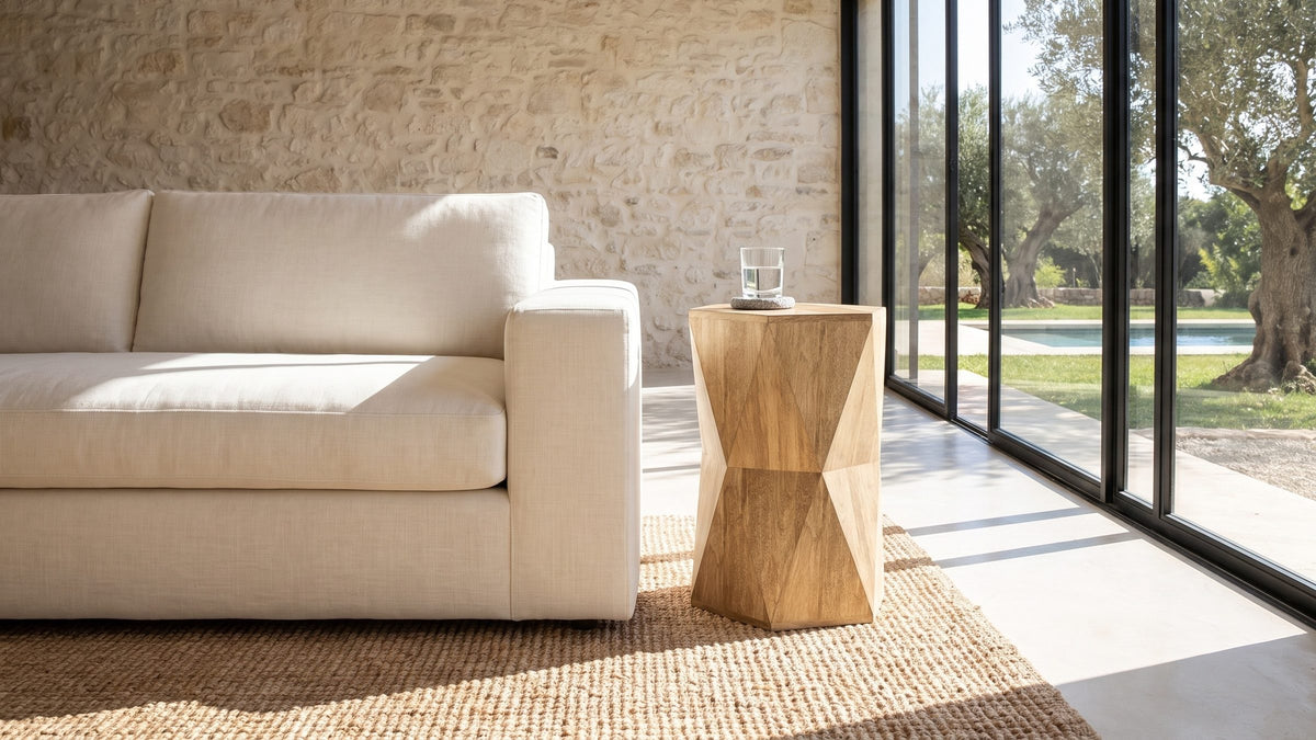 Warm wood, sharp edges. - Gallicano Mango Faceted Hexagon Side Table