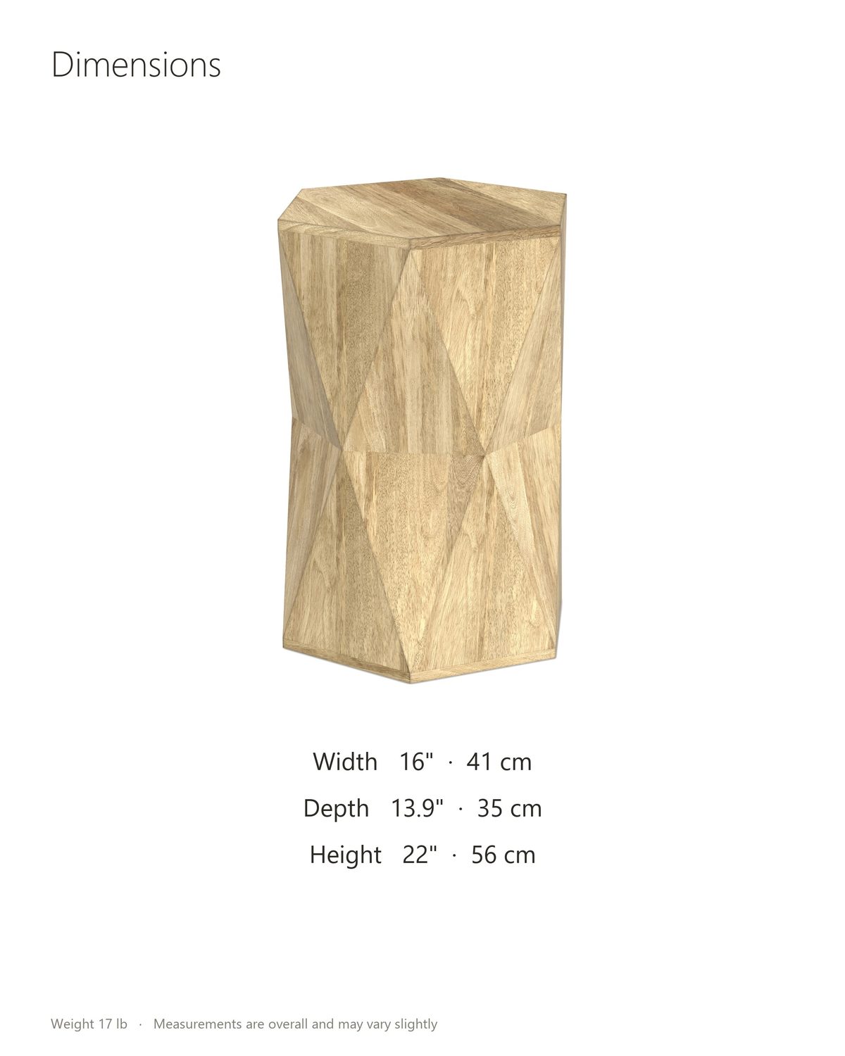 Gallicano Mango Faceted Hexagon Side Table dimensions: 16 in wide, 13.9 in deep, 22 in high