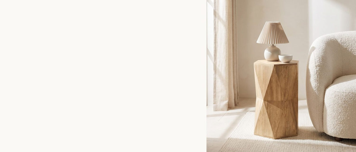 A hexagon, cut into diamonds. - Gallicano Mango Faceted Hexagon Side Table