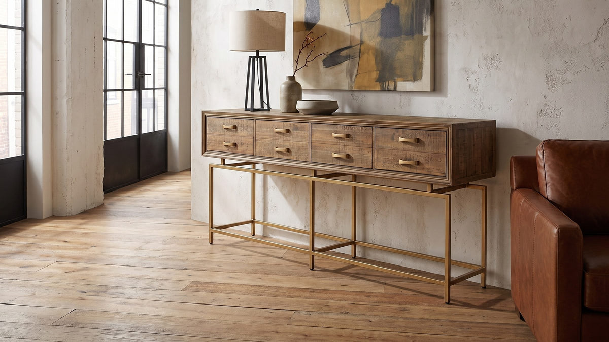 Warm wood on a brass outline. - Gasperina Reclaimed Fir Four-Drawer Console Table