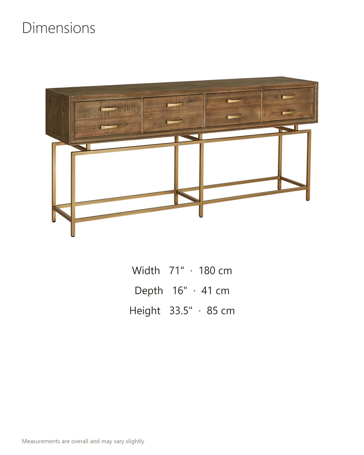 Gasperina Reclaimed Fir Four-Drawer Console Table dimensions: 71 in wide, 16 in deep, 33.5 in high